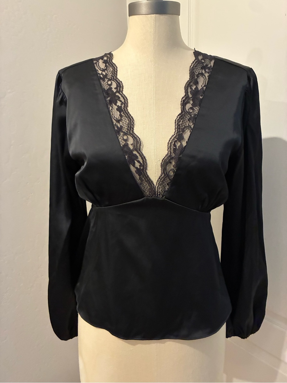 Abercrombie & Fitch Black Satin Lace-Trim Plunge Blouse